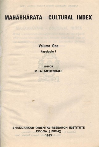 Mahabharata-Cultural Index, Vol.1, fasc.1